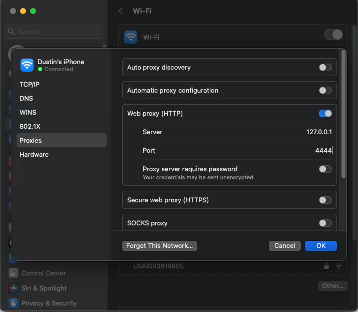 Safari proxy configuration