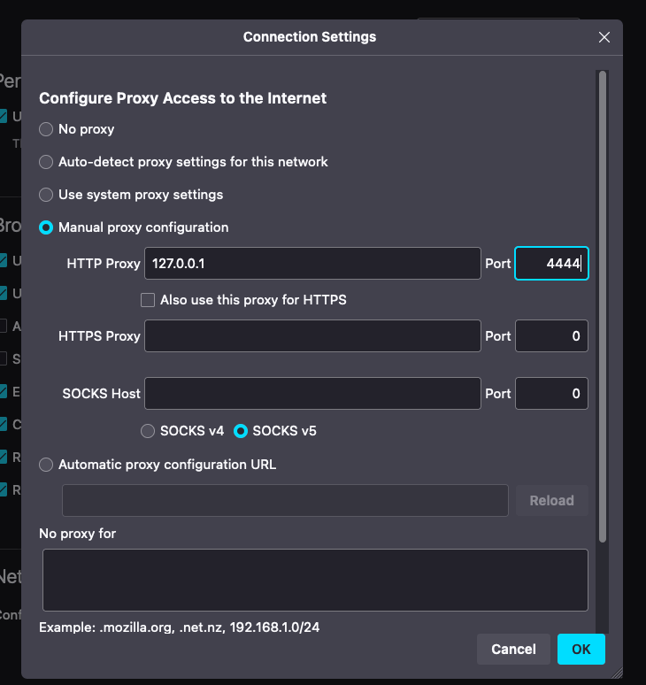 Firefox proxy configuration