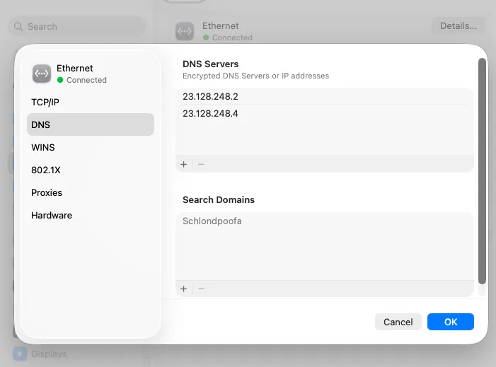 macOS DNS settings — StormyCloud servers configured